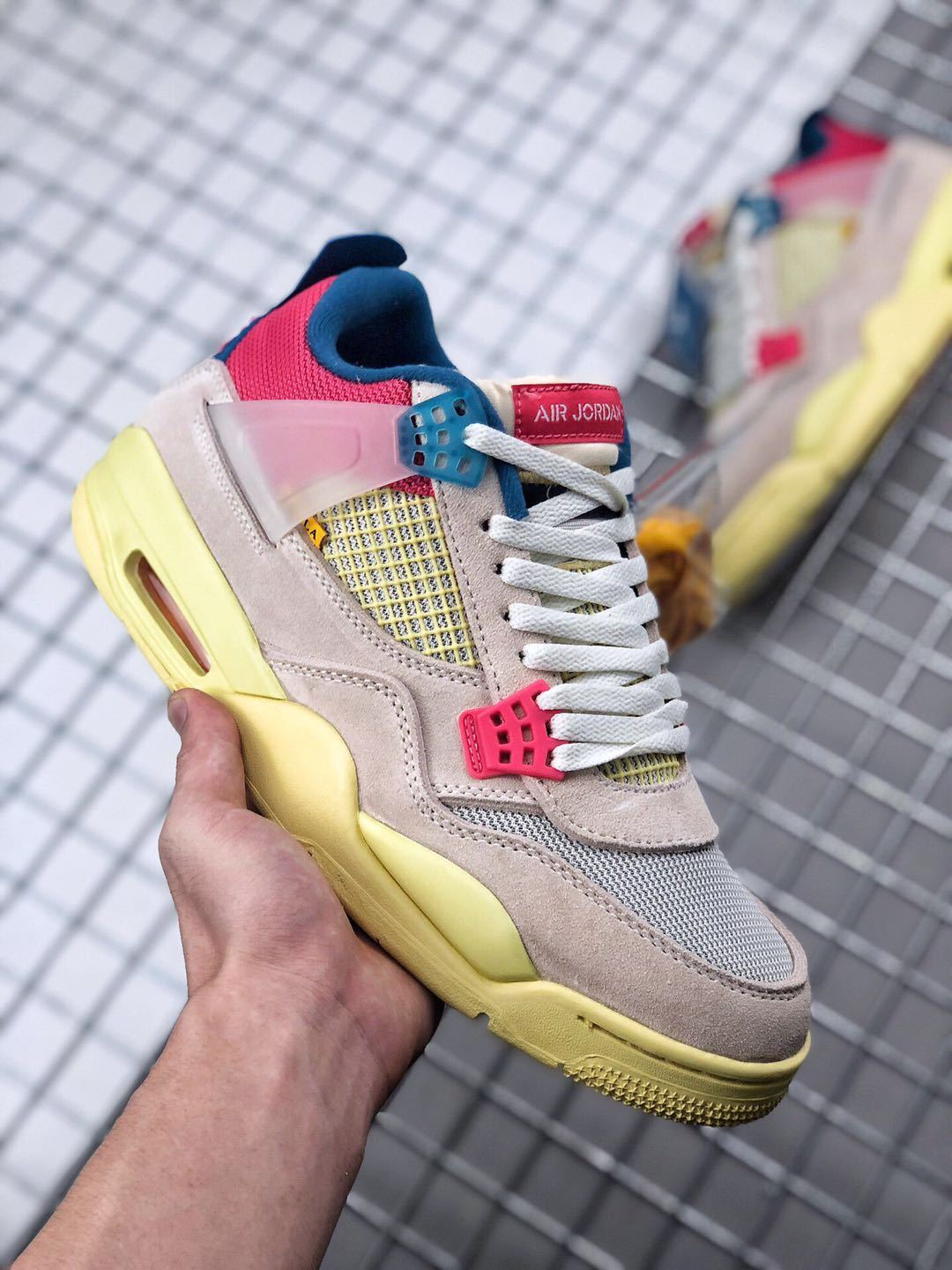 Union x Air Jordan 4 Sneakers Pink Beige Navy Yellow