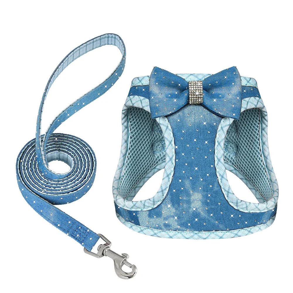 Denim Delight Mesh Harness & Leash Set - Fashionable Comfort for Small Breeds