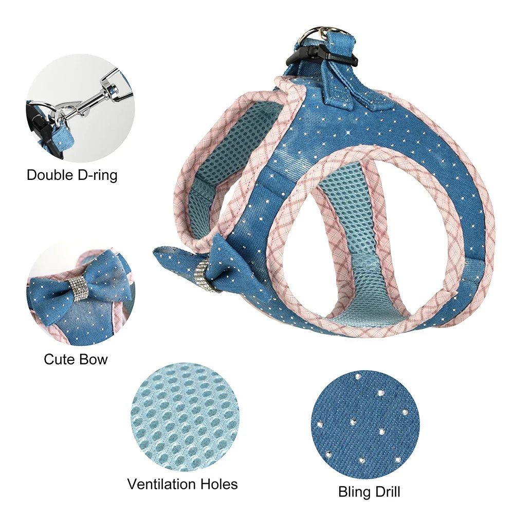 Denim Delight Mesh Harness & Leash Set - Fashionable Comfort for Small Breeds