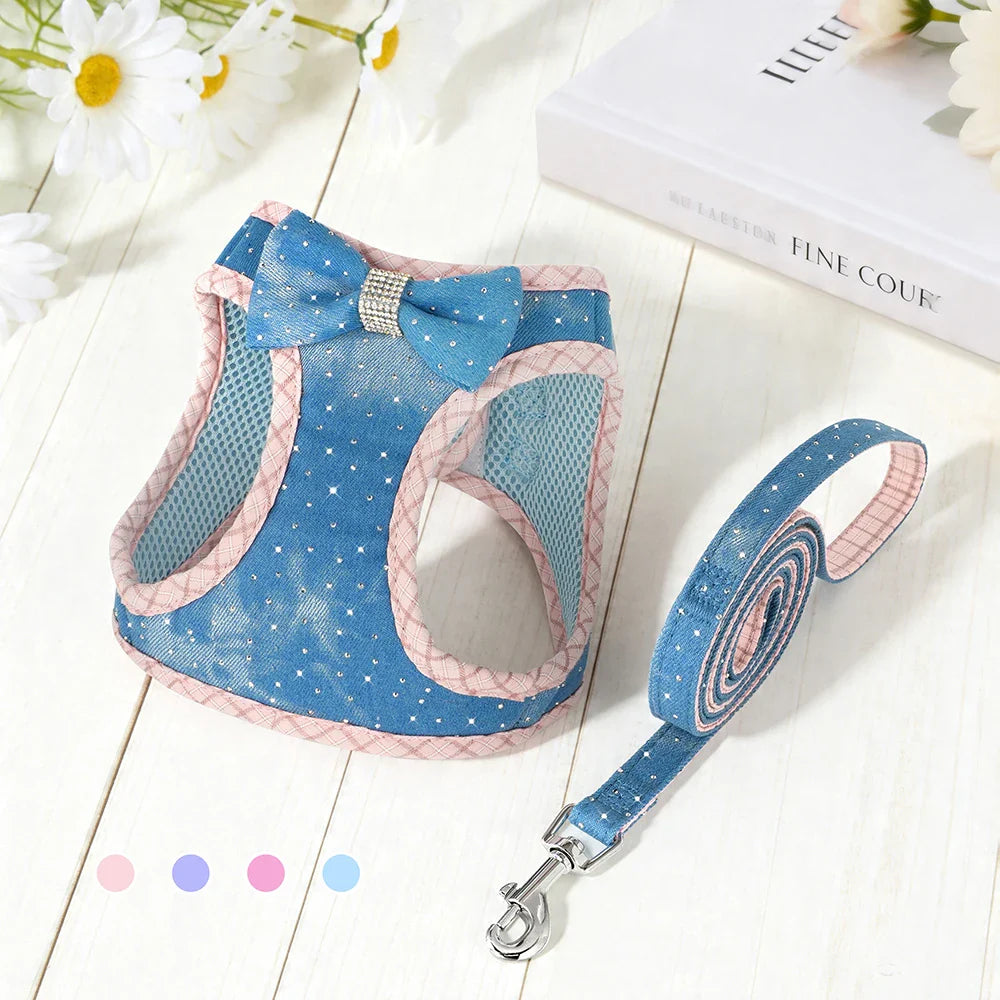 Denim Delight Mesh Harness & Leash Set - Fashionable Comfort for Small Breeds