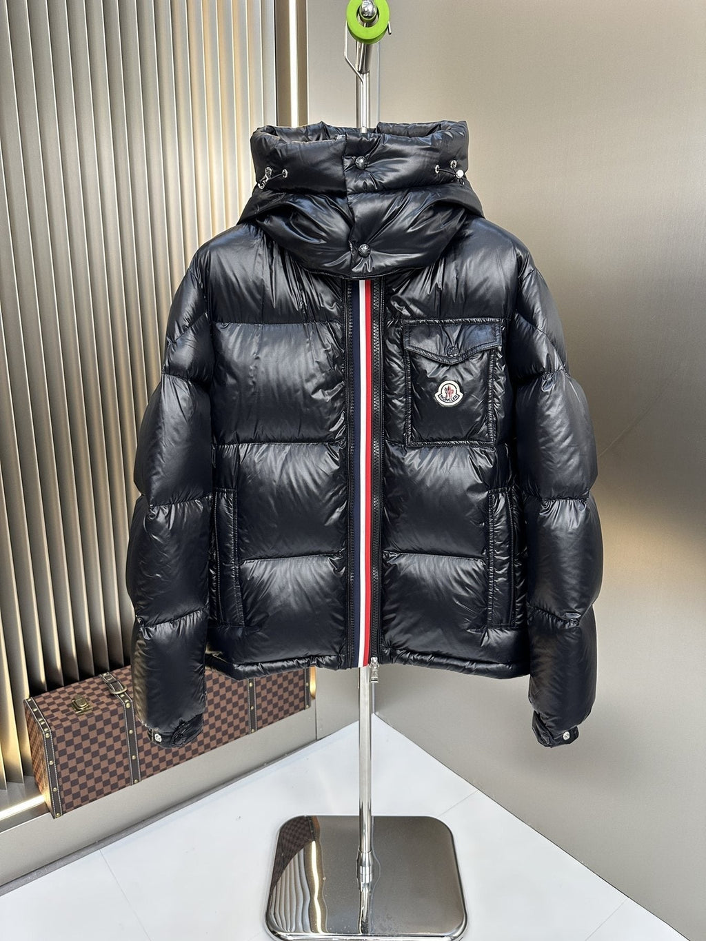 Moncler Black Hooded Puffer Coat with Tricolor Zip Trim