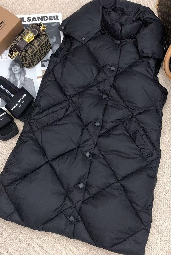 Burberry Long Diamond-Quilted Hooded Down Vest