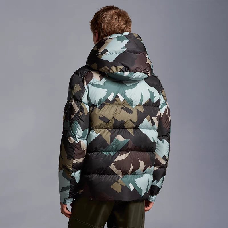 Moncler Geometric Camouflage Hooded Puffer Coat