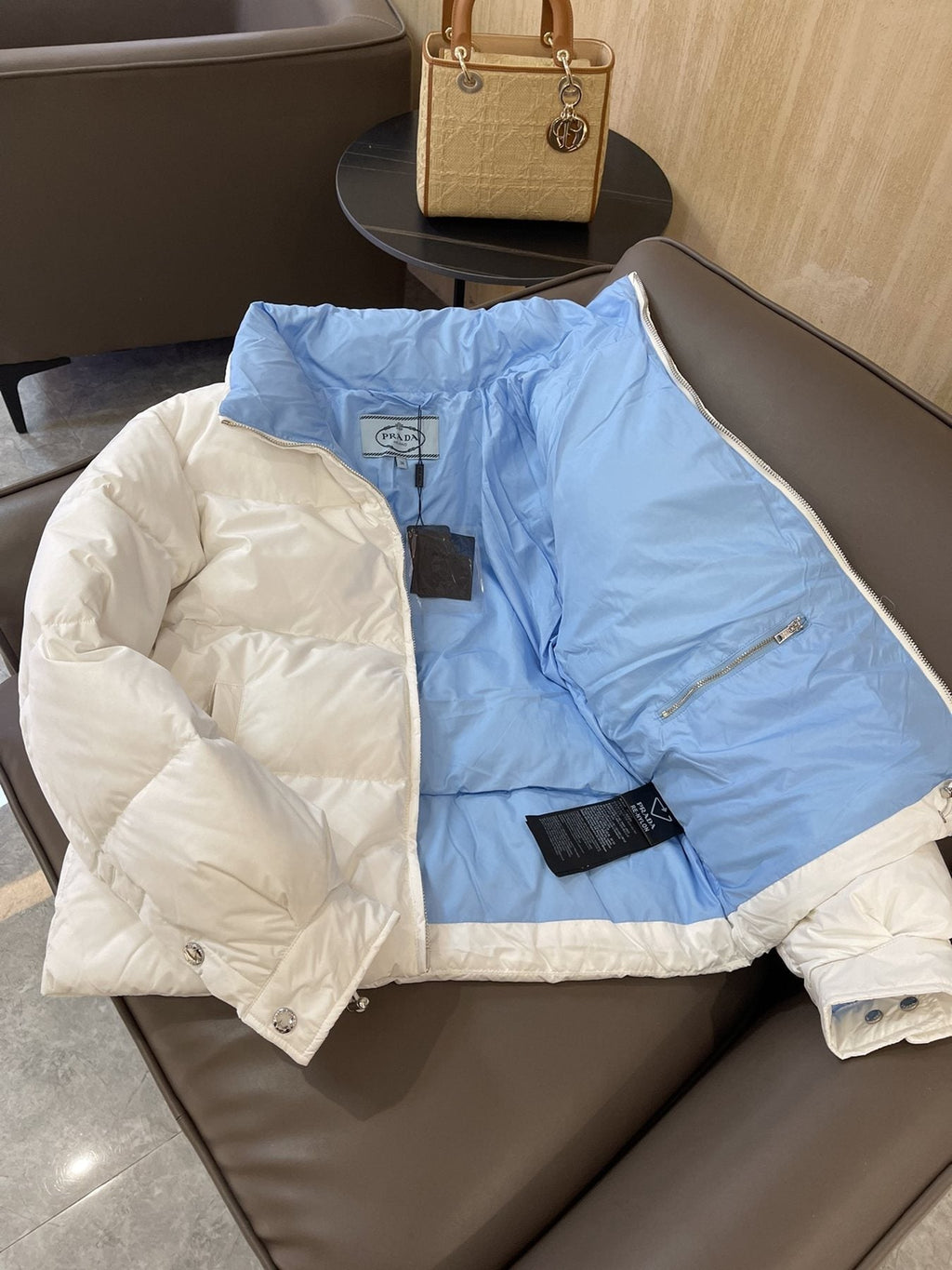 Prada Reversible Cropped Puffer Jacket with Removable Bow Scarf