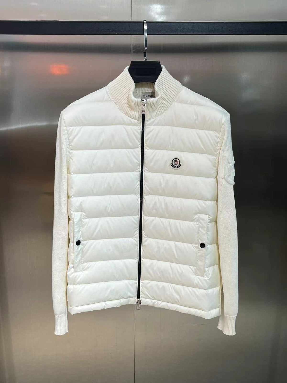 Moncler Quilted Knit-Sleeve Down Jacket