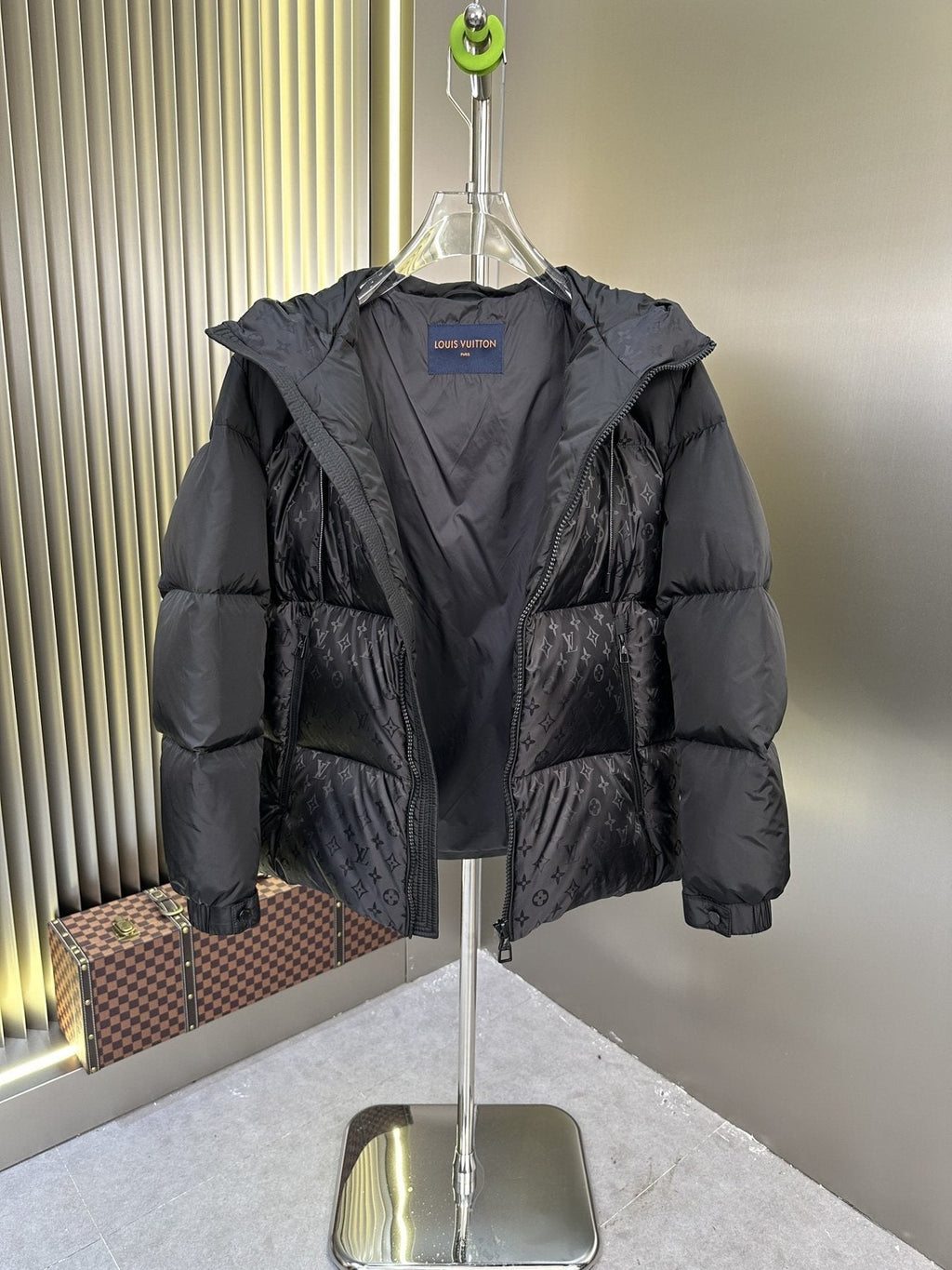 LV Hooded Monogram-Panel Puffer Coat
