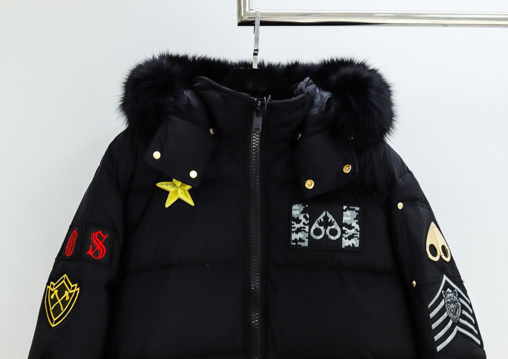 Moose Knuckles Black Fur-Trim Hooded Puffer Jacket
